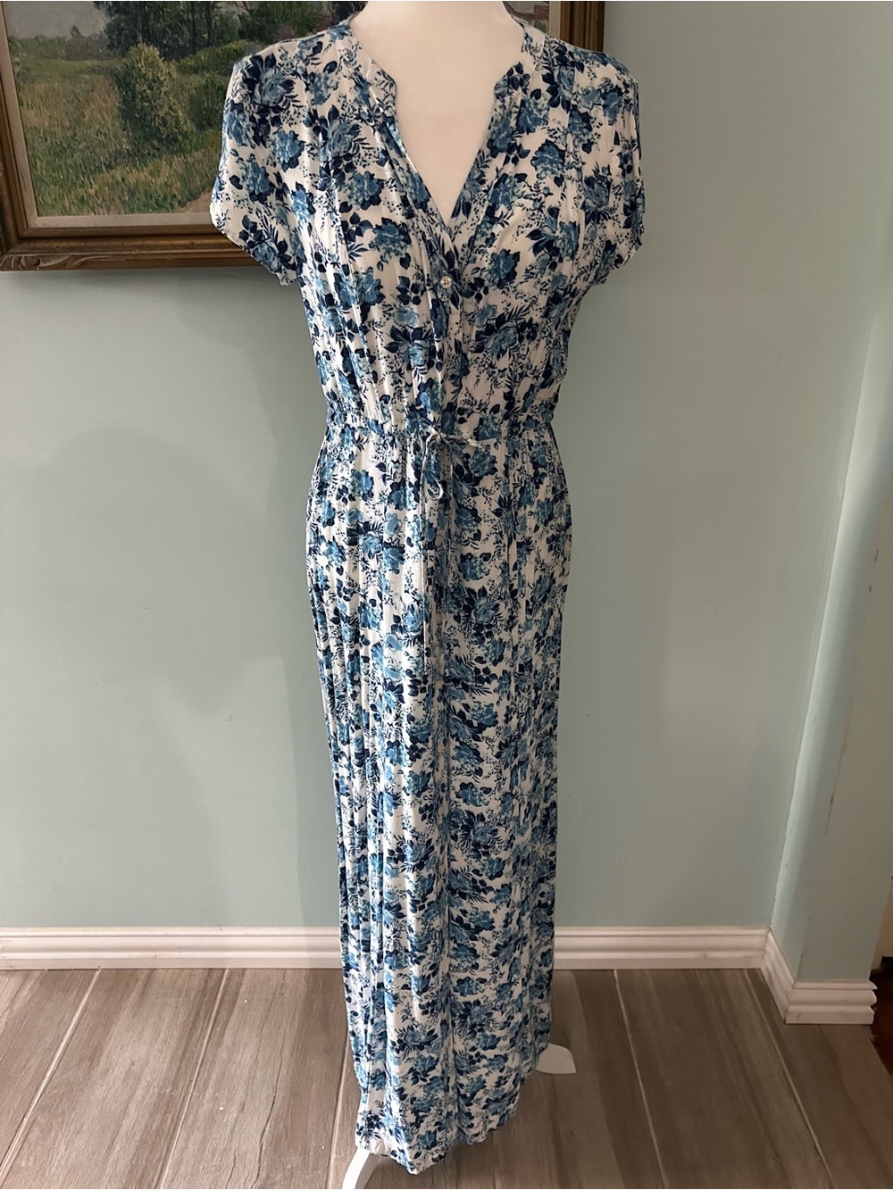 LC Lauren Conrad Blue and White Floral Maxi Dress with Drawstring - Picture 1 of 7